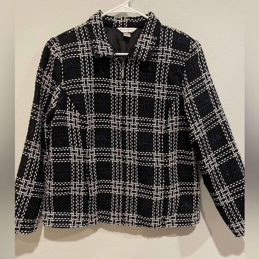 Christopher & Banks XL/P Black & White Plaid Zip Jacket with blue accents